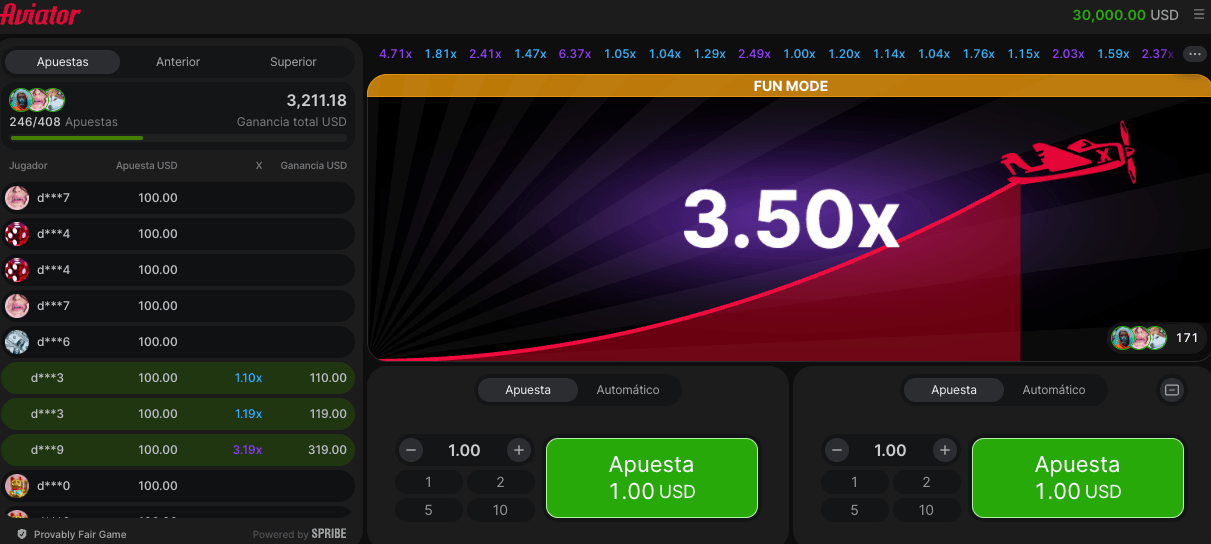 Captura del modo FUN MODE de Aviator mostrando el avión en pleno vuelo con un multiplicador de 3.50x y panel de apuestas laterales.